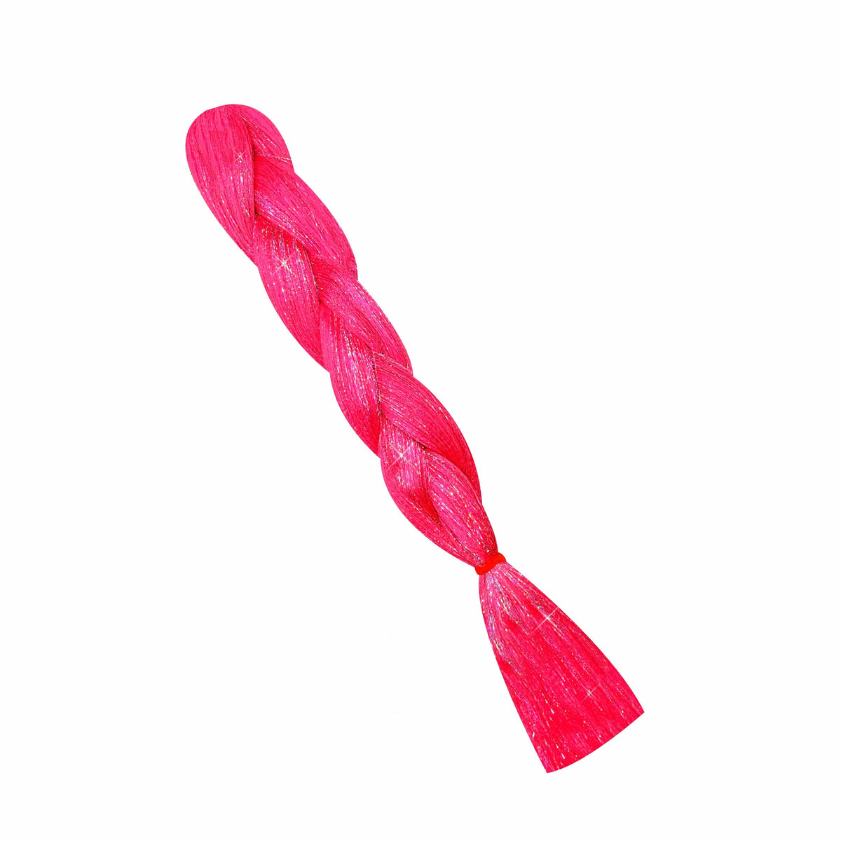 Hot pink tinsel jumbo hair braid in full view with its signature color and shape