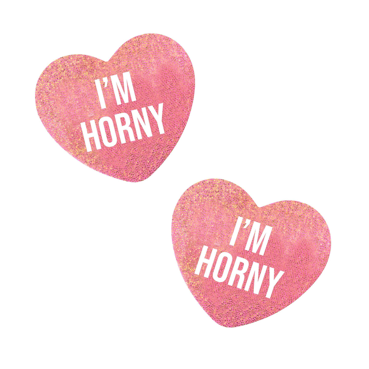Sparkly rosy pink candy heart shaped nipple covers with playful printed lettering