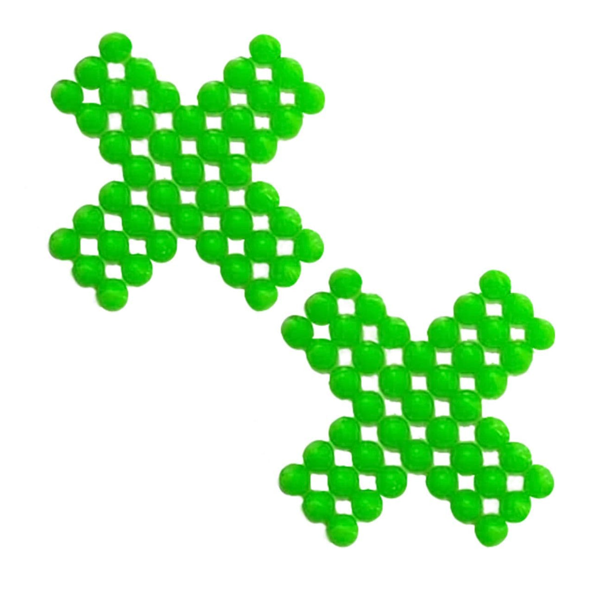 Studded X shaped nipple covers in bright neon green with a blacklight reactive finish