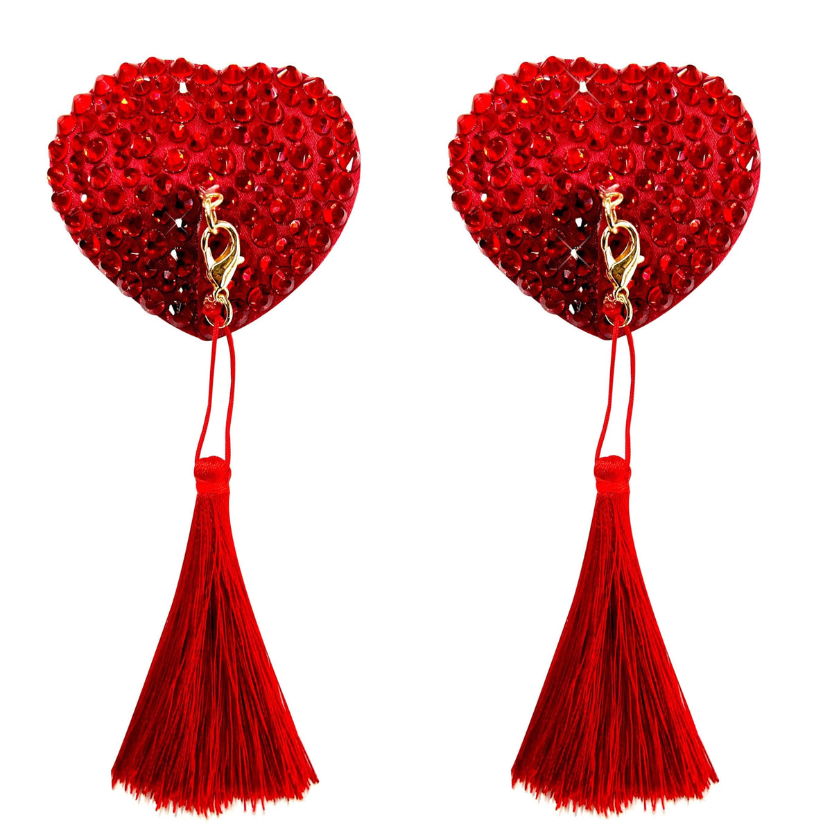 Reusable silicone heart nipple covers encrusted with red crystals and swinging tassels