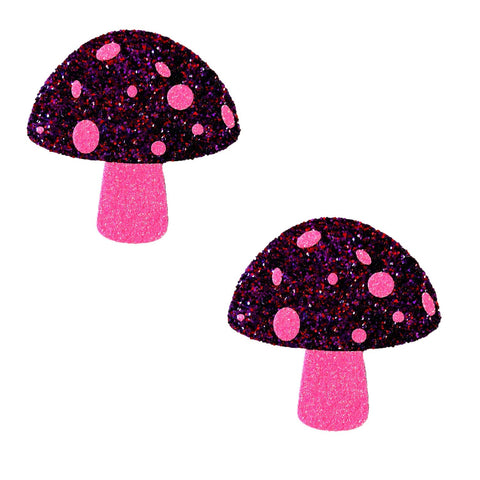 Alice Down The Rabbit Hole Pink Glitter UV Shroom Nipztix Pasties, Freaking Awesome Nipple Pasties - NevaNude