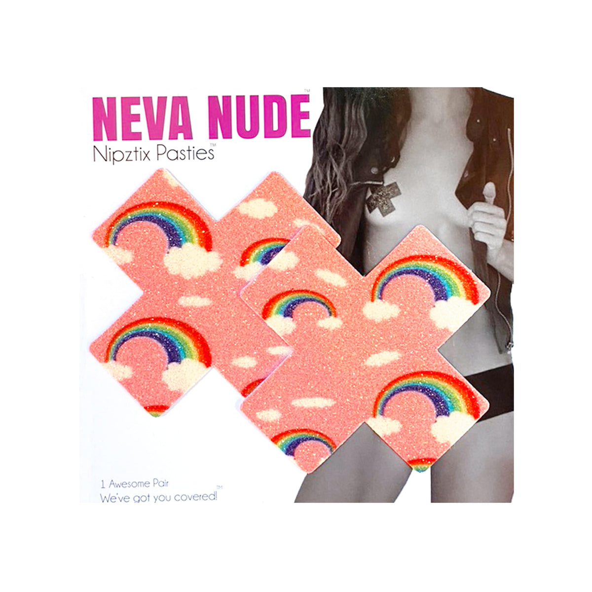 Front view of pink glitter rainbow and cloud X nipple pasties with the full design visible