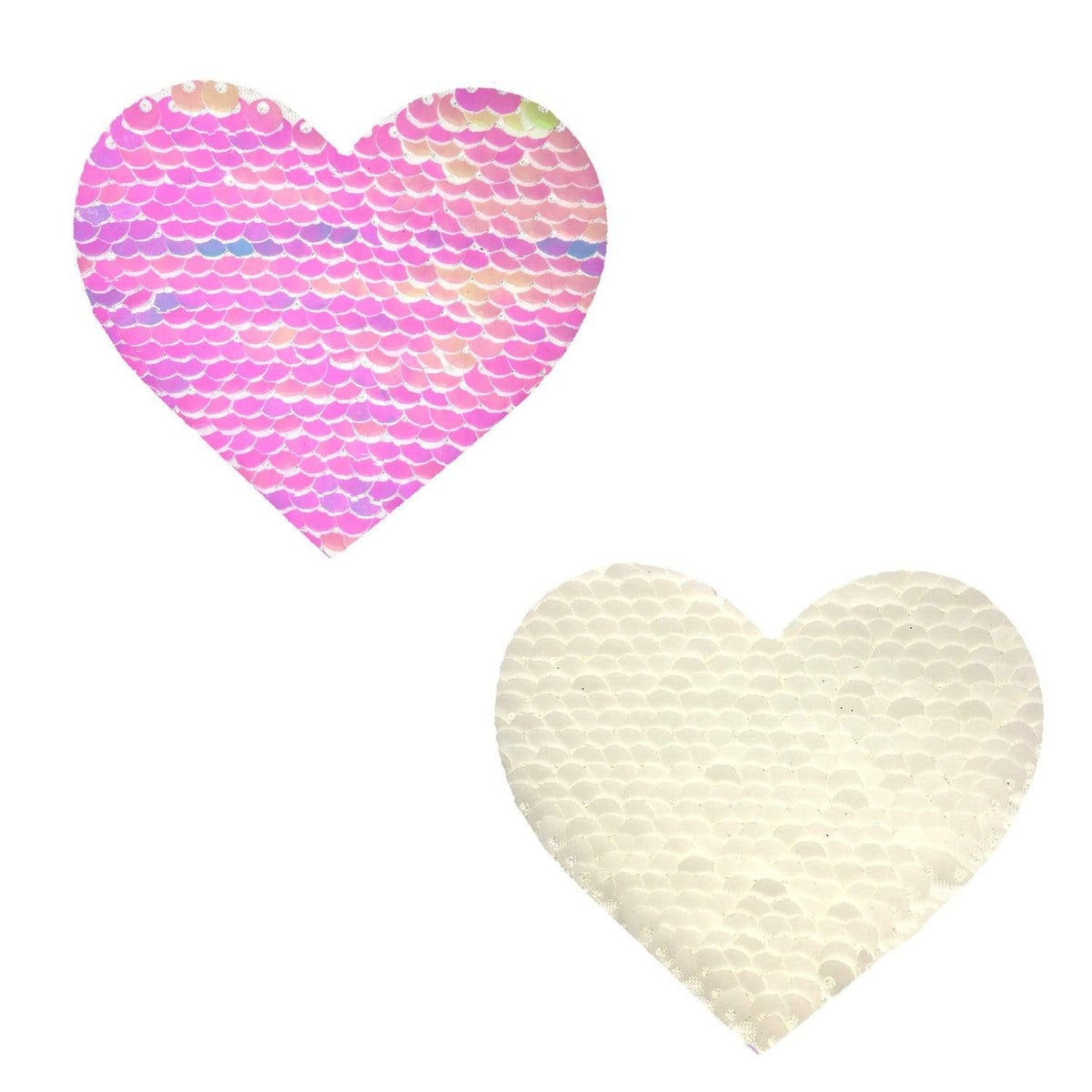 Pearl White Flip Sequin Heart Nipple Pasties shown on their own with a shimmering sequin surface