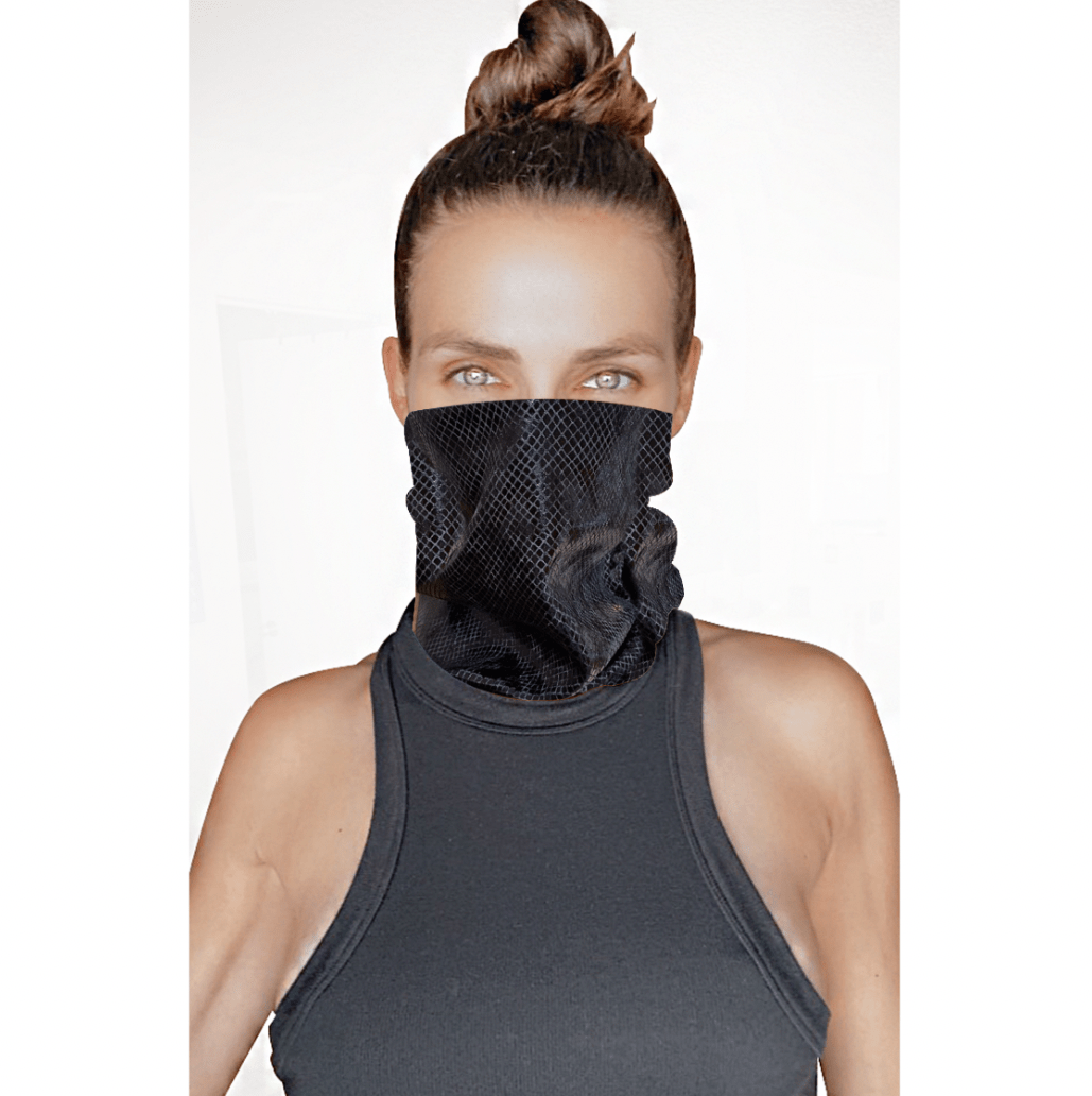 Black holographic snakeskin print sexy neck gaiter with iridescent shine