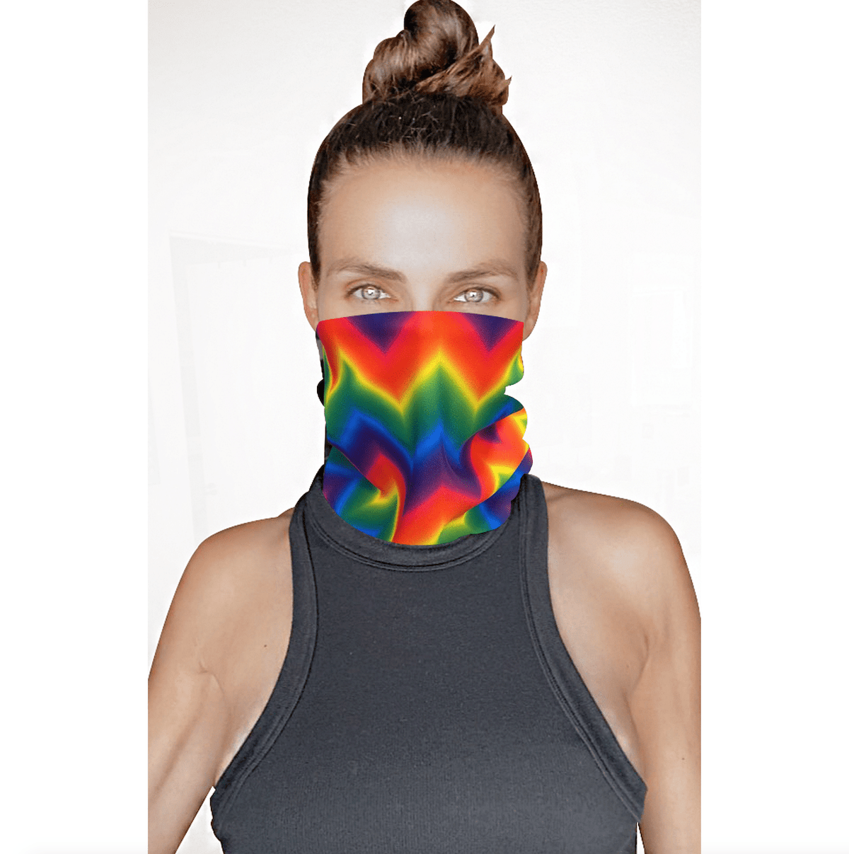 Psychedelic rainbow blacklight sexy neck gaiter with swirling colors