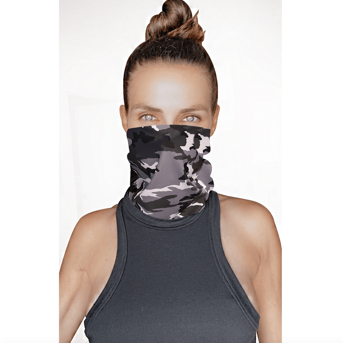 Black grey camo print sexy neck gaiter with blacklight detail