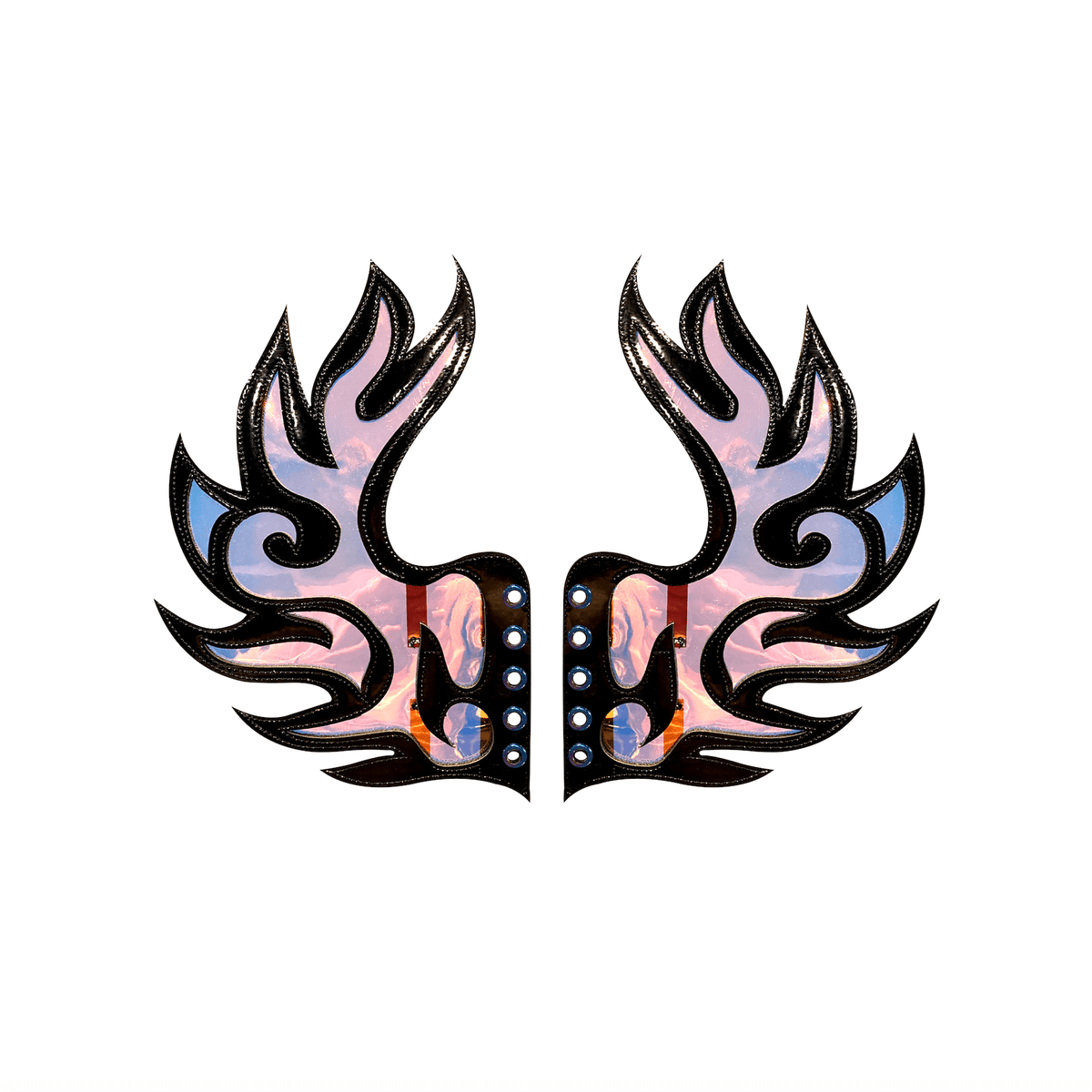 Iridescent flame leather boot wings pair for a biker rally night out