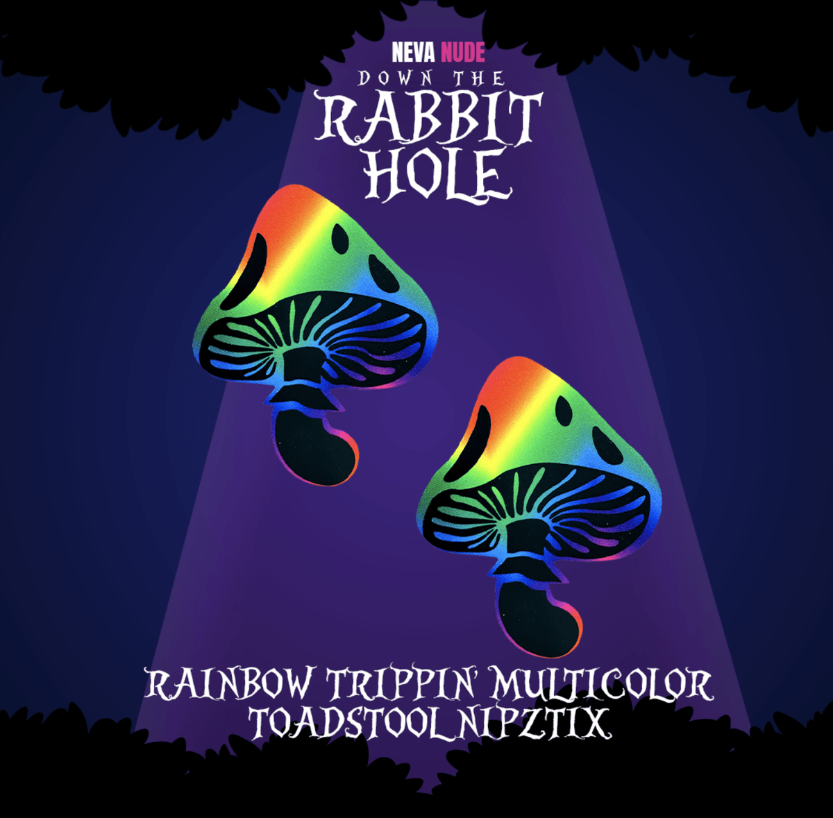 Rainbow psychedelic toadstool nipple pasties, showing the color, finish and shape of the design
