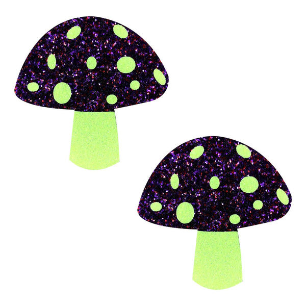 Alice Down The Rabbit Hole Yellow with Purple Glitter Blacklight Shroom Nipple Cover Pasties