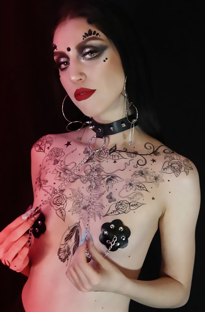 Black goth tattoo, crystal and choker bundle styled for a dark rebel night look