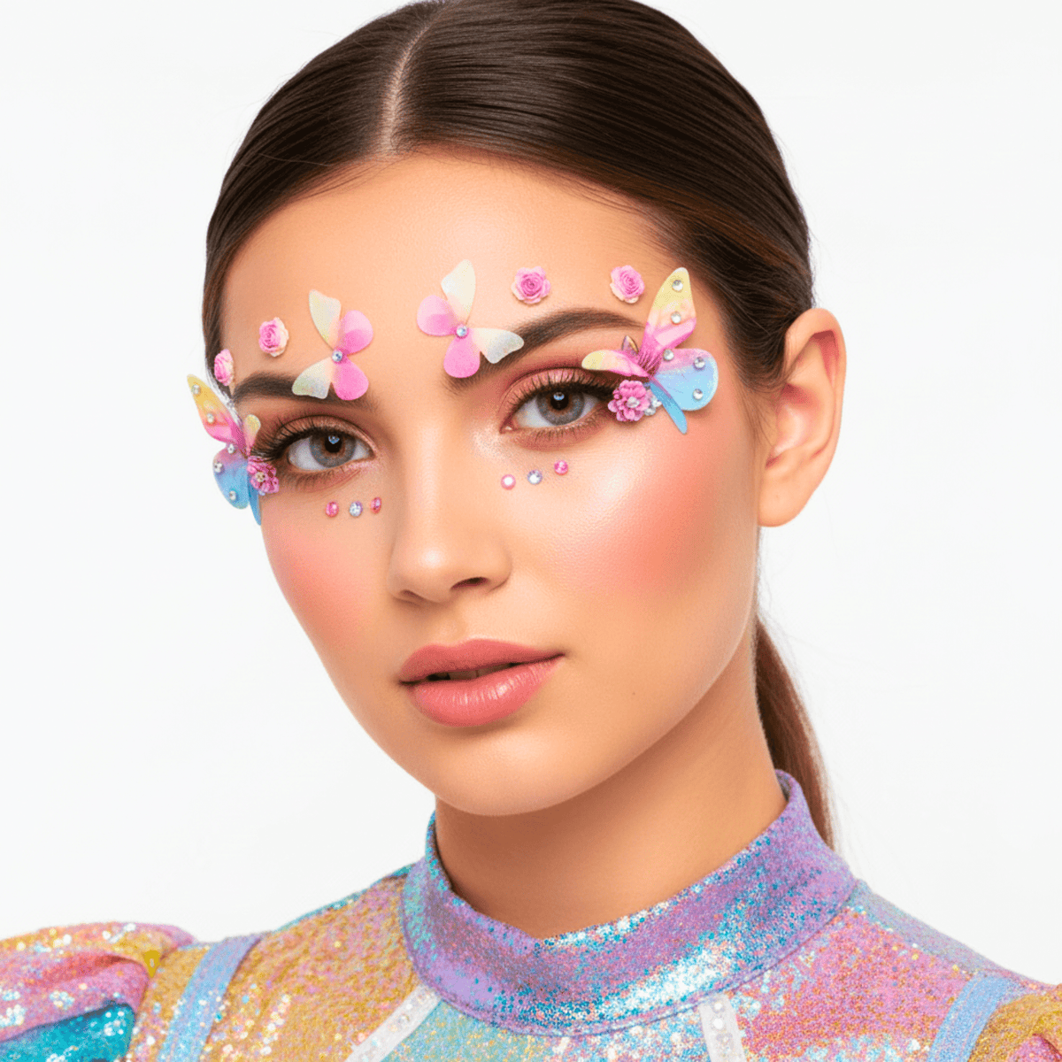 Woman with colorful butterfly face stickers on a white background
