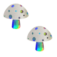 Pair of white glitter shroom pasties that flash rainbow holographic sparkle in the light
