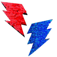 Patriotic red and blue sequin lightning bolt nipple covers for a Fourth of July party