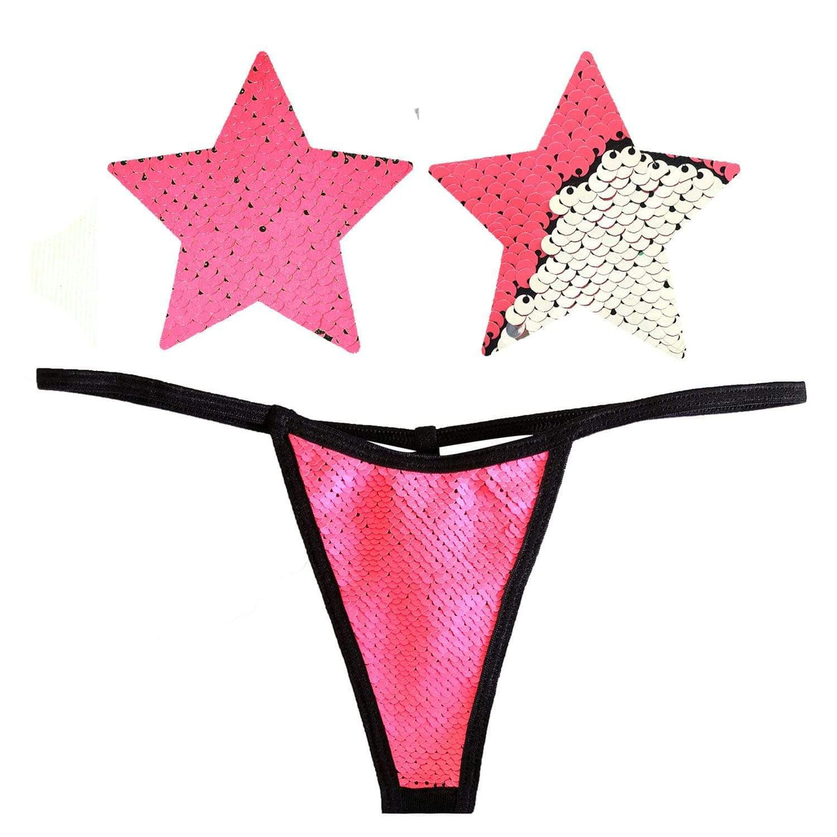Matching neon pink sequin thong and star nipple pasties with silver flip sequins for raves