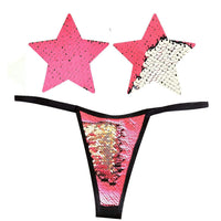 Neon pink and silver flip sequin pastie and pantie lingerie set that glows under UV light