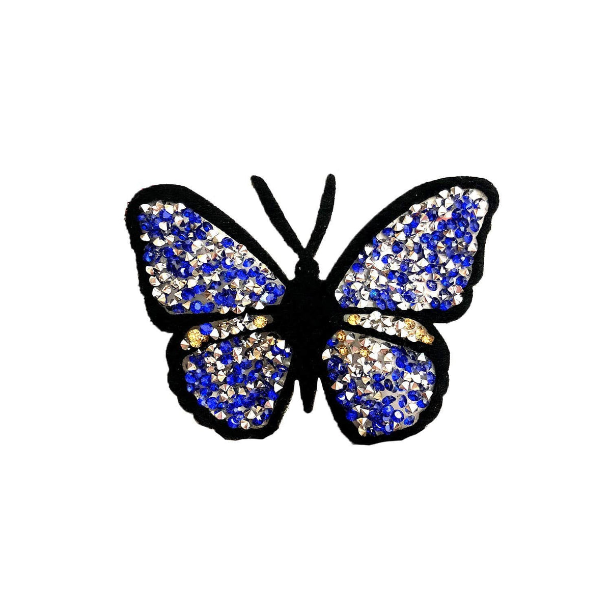 Blue jeweled sequin butterfly iron on patch and sticker shown on a clean background