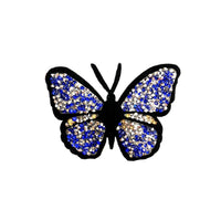 Blue jeweled sequin butterfly iron on patch and sticker shown on a clean background