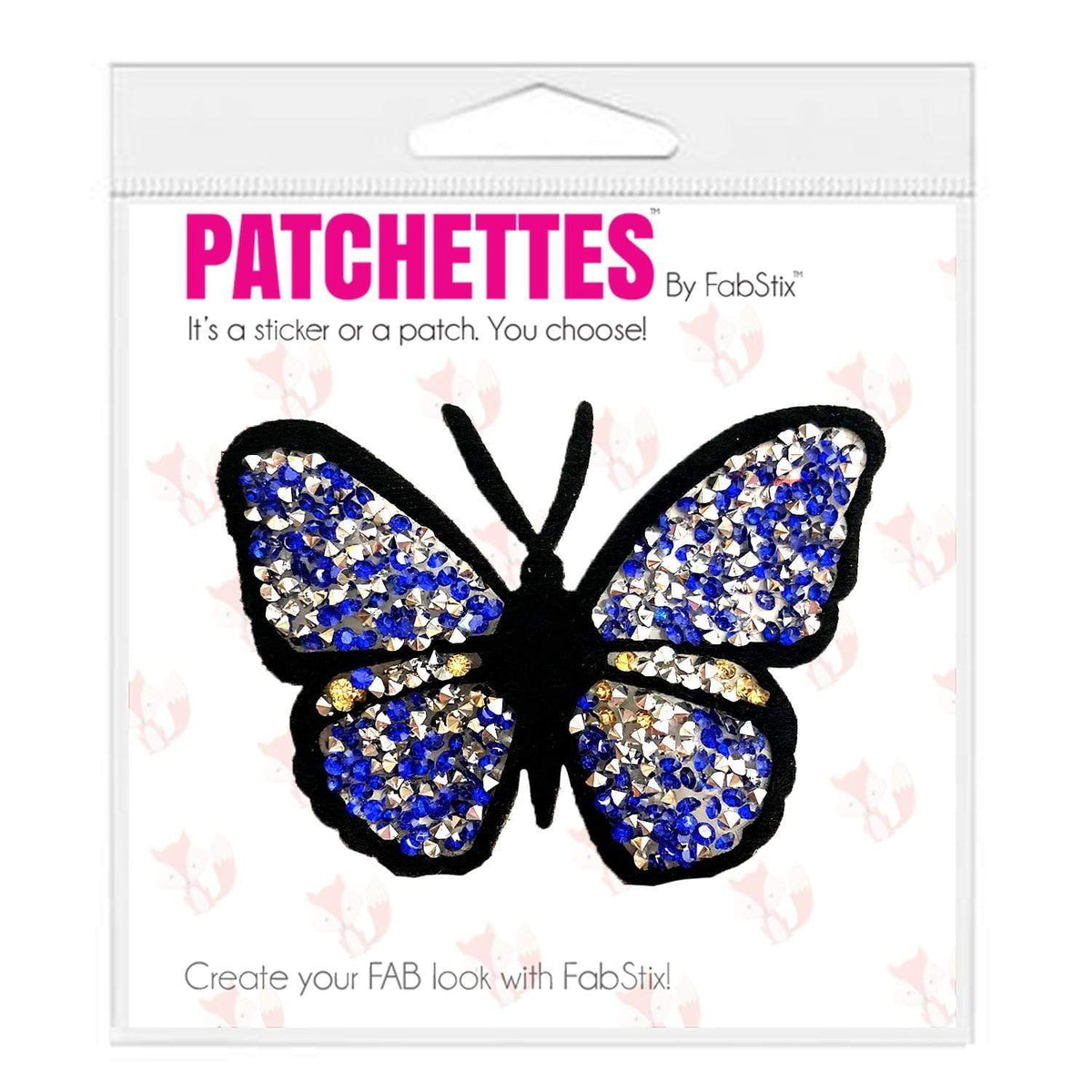 Front view of blue jeweled sequin butterfly iron on patch and sticker with the full design visible
