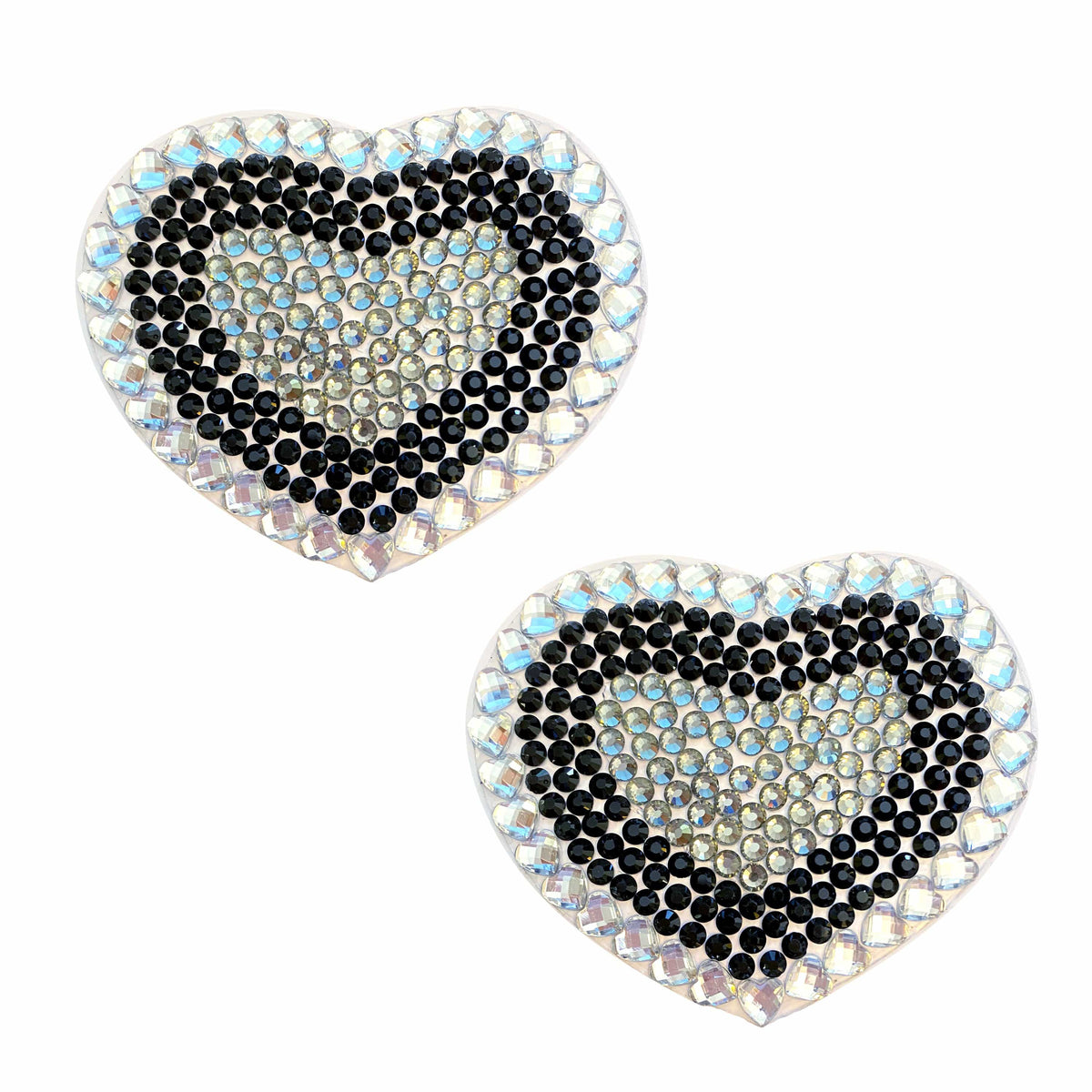 Front view of black and clear crystal heart jewel nipple pasties with the full design visible