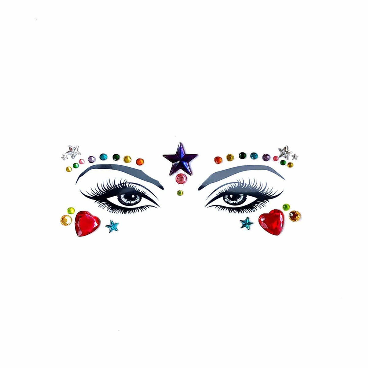 Colorful rhinestone stars and hearts arranged as face gems for cosmic rave makeup