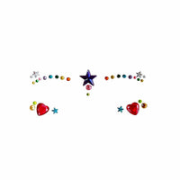 Multicolor crystal star and heart face jewels in red, blue, purple and gold