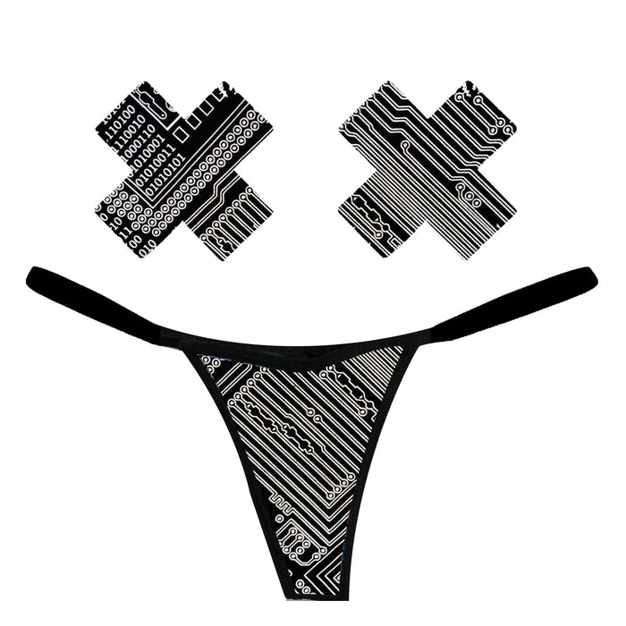 Reflective geometric face mask, pasties and panties set for a cyber rave