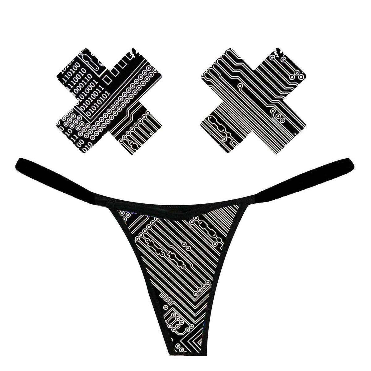 Circuit print reflective pastie and pantie lingerie set with a futuristic black and white pattern