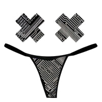 Circuit print reflective pastie and pantie lingerie set with a futuristic black and white pattern