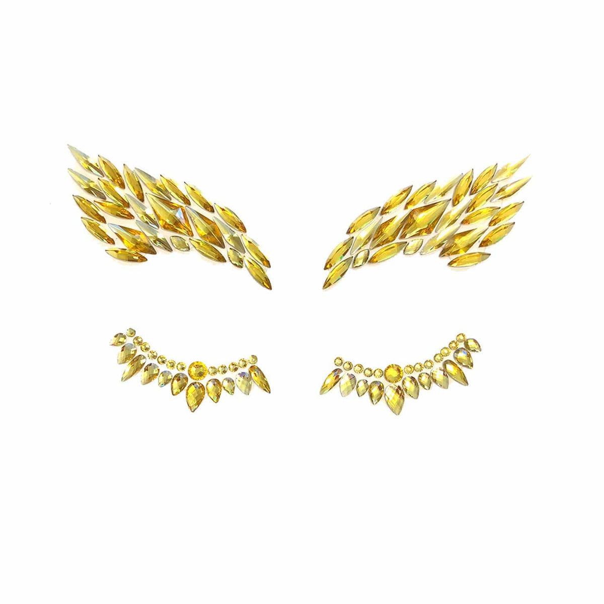 Gold crystal winged face jewels for glamorous secret agent style makeup
