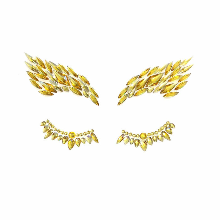 Gold crystal winged face jewels for glamorous secret agent style makeup