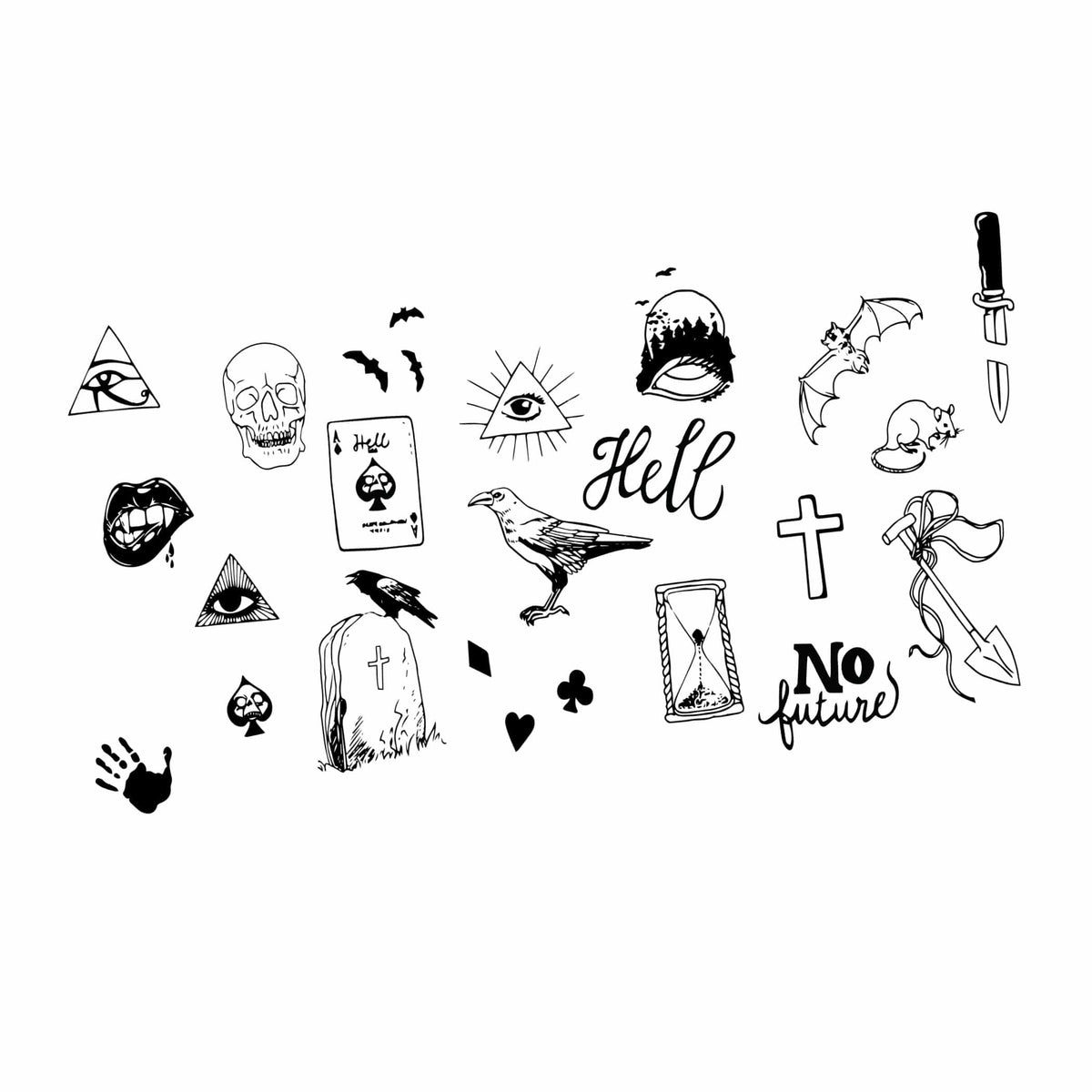 Black skull and coffin large temporary tattoos shown on a clean background
