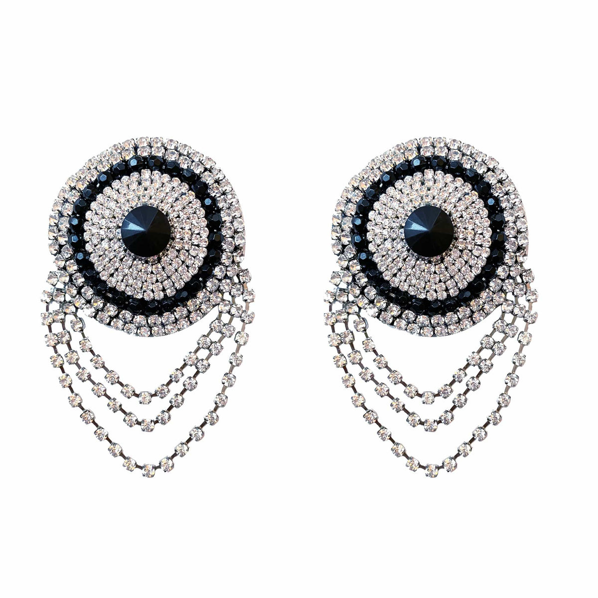 Front view of silver crystal chain reusable silicone pasties with the full design visible