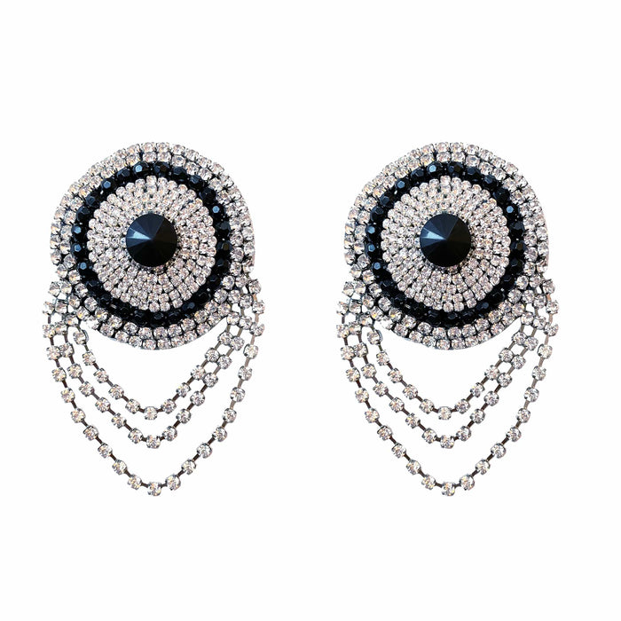 Front view of silver crystal chain reusable silicone pasties with the full design visible