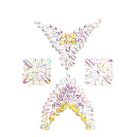 Gold and lavender crystal jewel nipple sticker crop top on display, with iridescent rhinestones