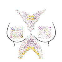 Gold and lavender crystal jewel nipple sticker crop top with iridescent rhinestones