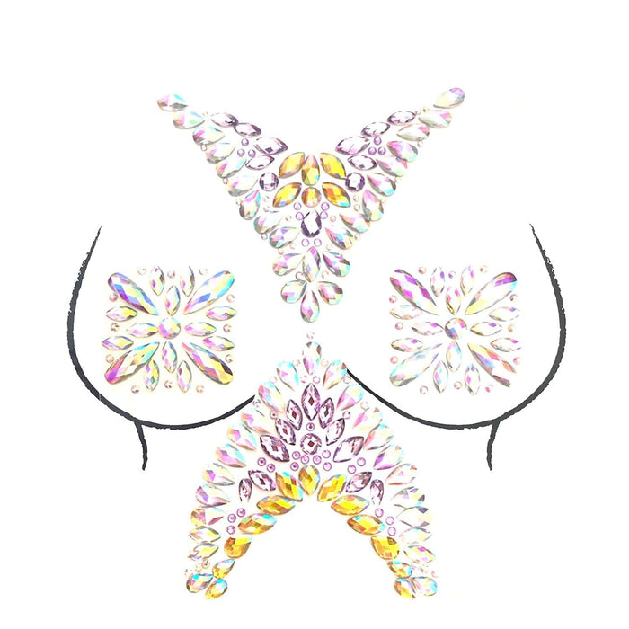 Gold and lavender crystal jewel nipple sticker crop top with iridescent rhinestones