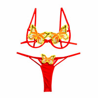 Red yellow butterfly bra and pantie lingerie set, showing the color, finish and shape of the design