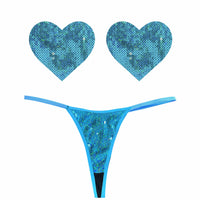 Turquoise sequin pastie and pantie lingerie set, showing the color, finish and shape of the design