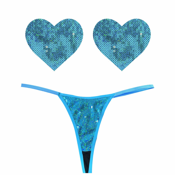 Turquoise sequin pastie and pantie lingerie set, showing the color, finish and shape of the design