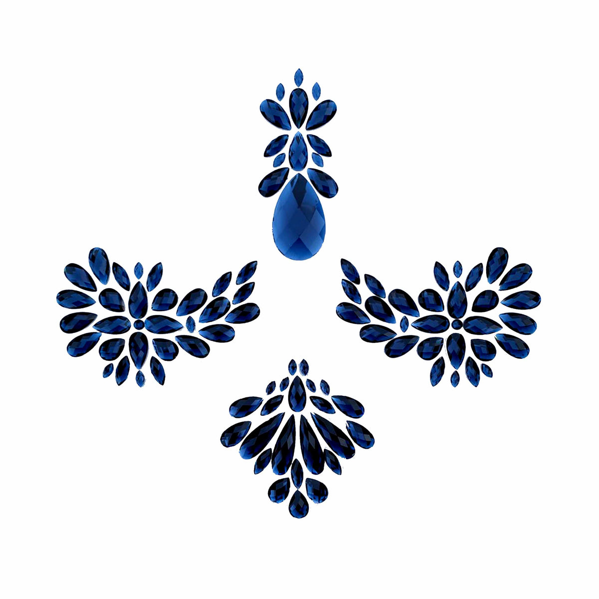 Front view of dark blue iridescent crystal sticker crop top with the full design visible