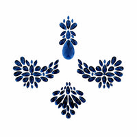 Front view of dark blue iridescent crystal sticker crop top with the full design visible