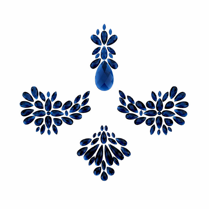 Front view of dark blue iridescent crystal sticker crop top with the full design visible