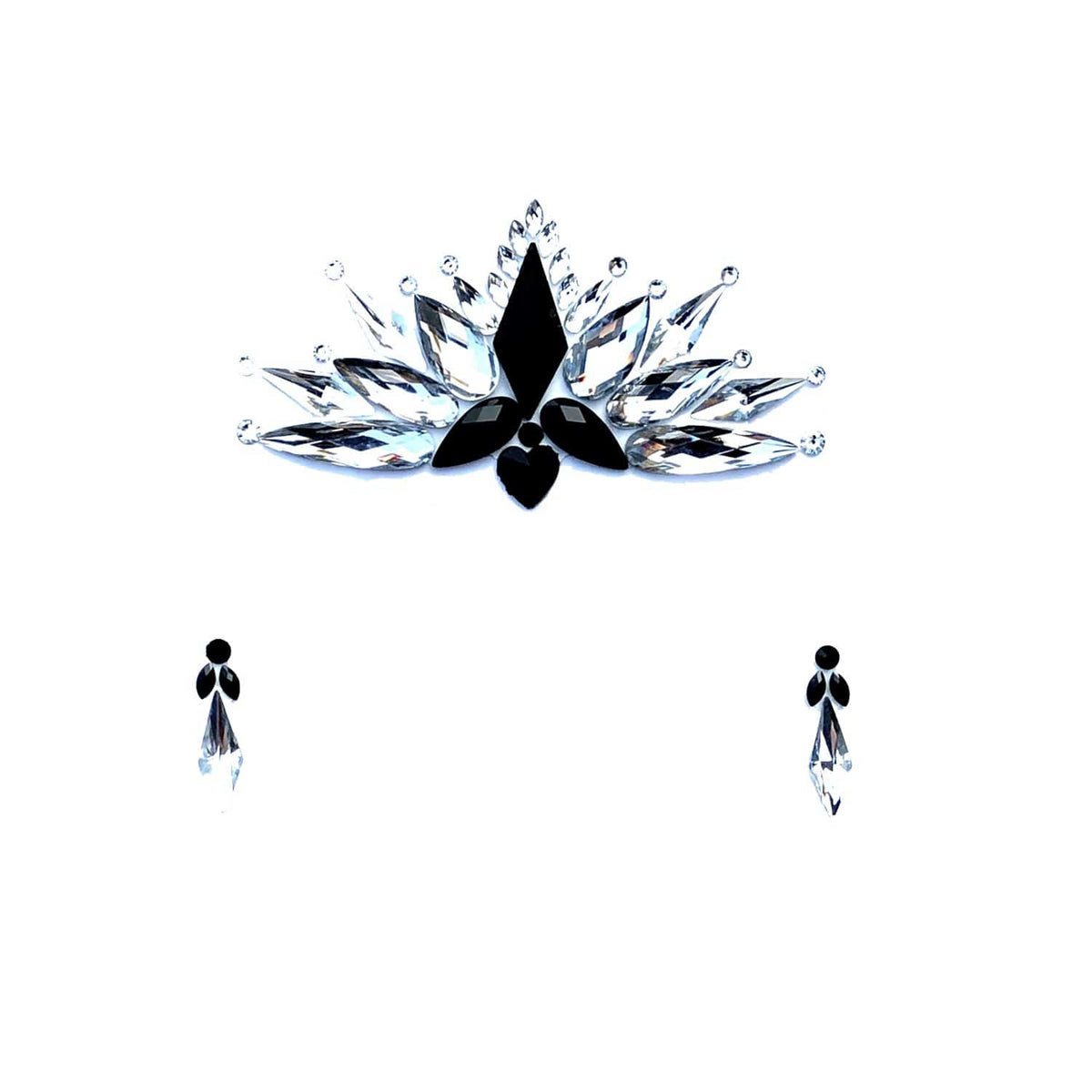 Black and iridescent rhinestone forehead jewels arranged in a crown design