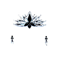 Black and iridescent rhinestone forehead jewels arranged in a crown design