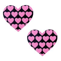 Neon pink and black glitter heart nipple pasties for a Valentines night