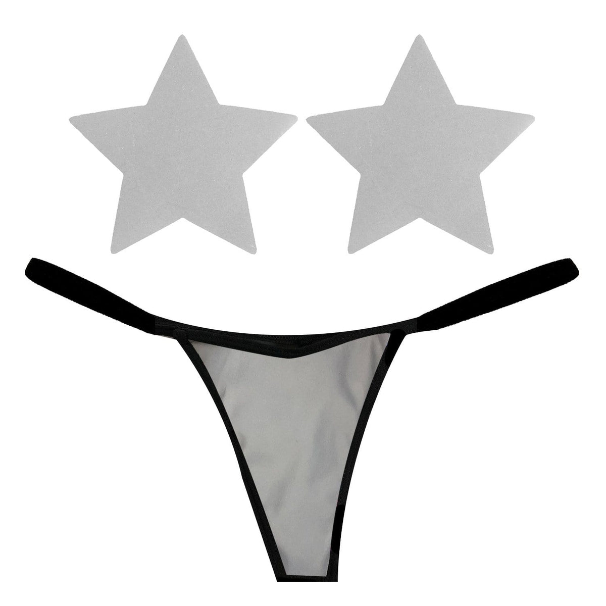 White reflective pastie and pantie lingerie set with a matching G string