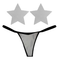 White reflective pastie and pantie lingerie set with a matching G string