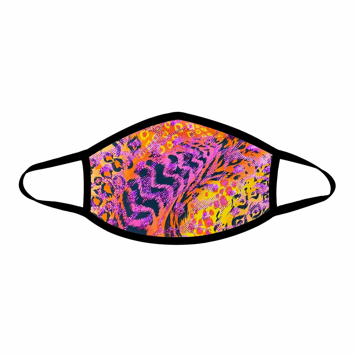 Orange holographic tiger print face mask laid out to show color and finish