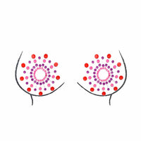 Standalone view of orange and pink crystal jewel nipple pasties with sparkling tropical rhinestones