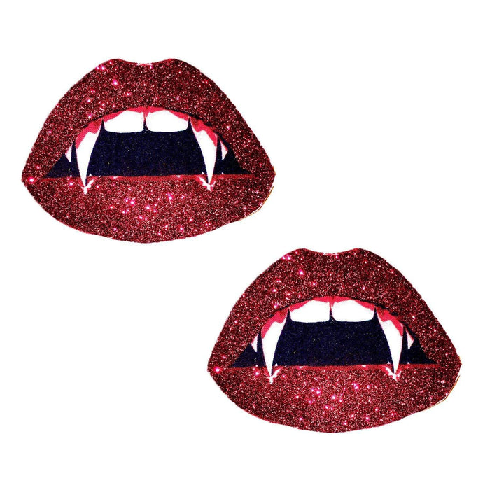 Blood red glitter vampire mouth nipple pasties with sharp fangs for costume nights